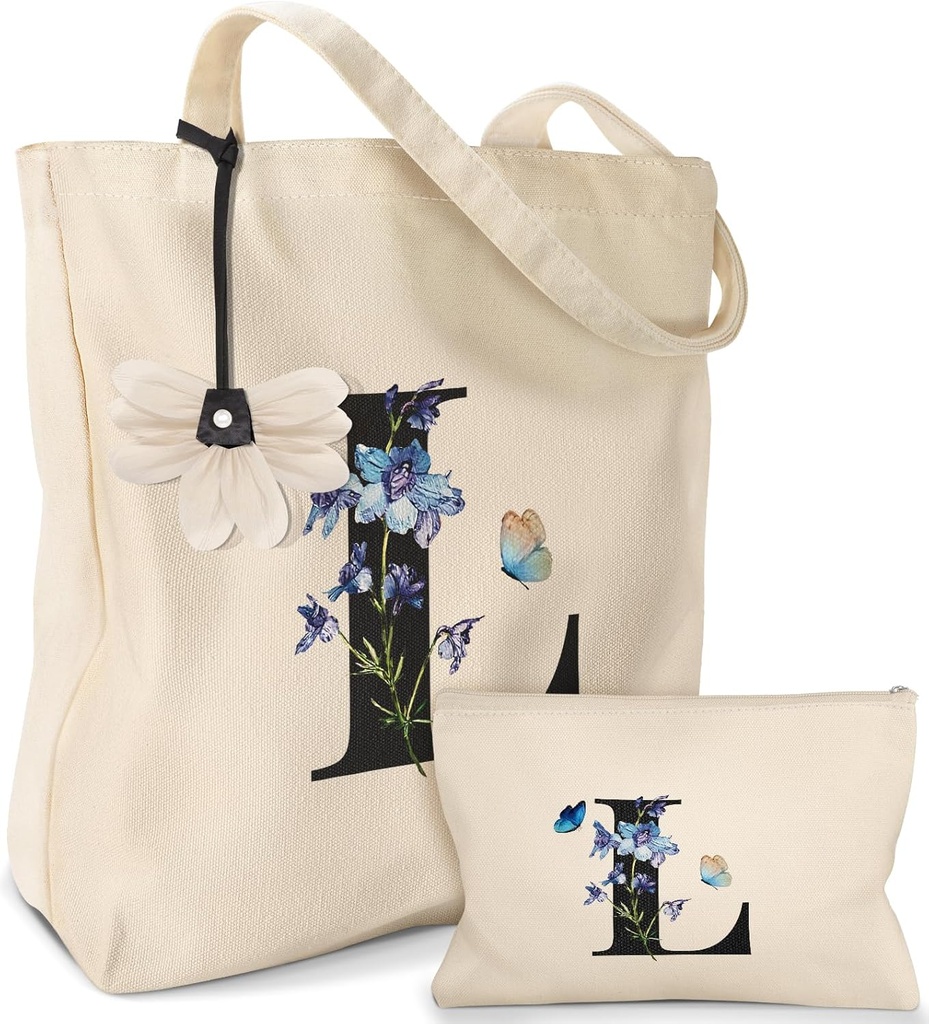 2 Pack Initials Canvas Tote Bag - with Makeup Pouch Bag Aesthetic Cotton Reusable Grocery Monogrammed Bag