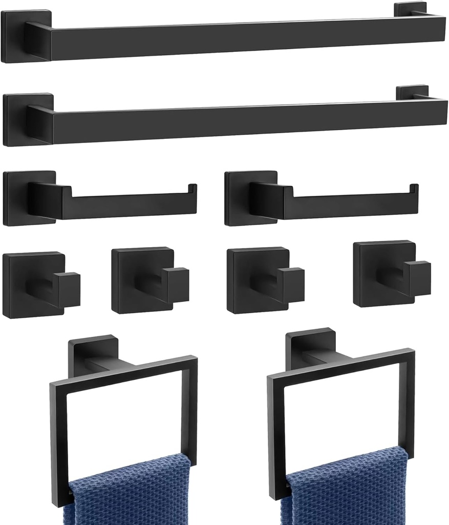 10-Pieces Matte Black Bathroom Accessories Set, 23.6 Inch Bath Towel Bar Set, Stainless Steel Bathroom Hardware Set, Towel Racks for Bathroom Wall Mounted