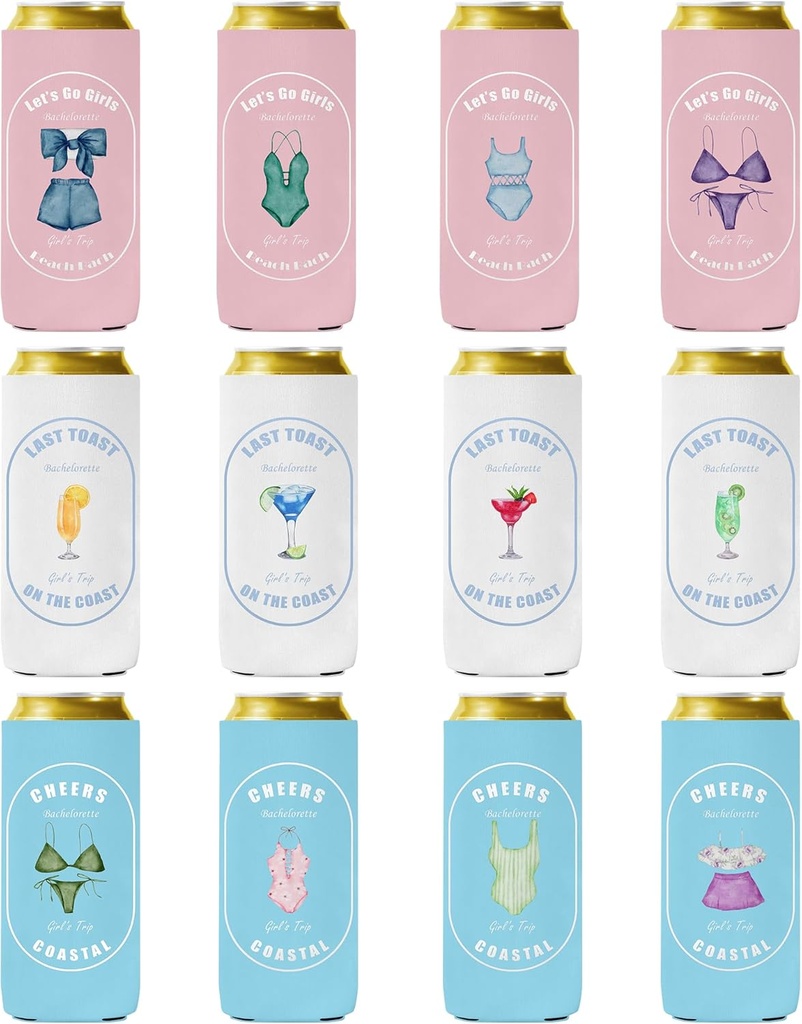 Last Toast On The Coast Bachelorette Can Coolers - 12 Pack Beach Bach Party Skinny Drink Sleeves, Funny Bridesmaids Beer Cozy Bulk Gifts