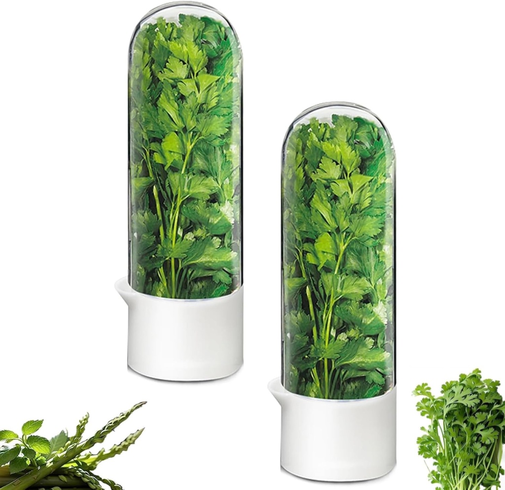 Herb Saver for Refrigerator, Herb Storage Container Cilantro Container for Fridge, Fresh Herb Keeper for Cilantro, Basil, Asparagus, Parsley, Keeps Greens Vegetables for 2-3 Weeks (2PCS)