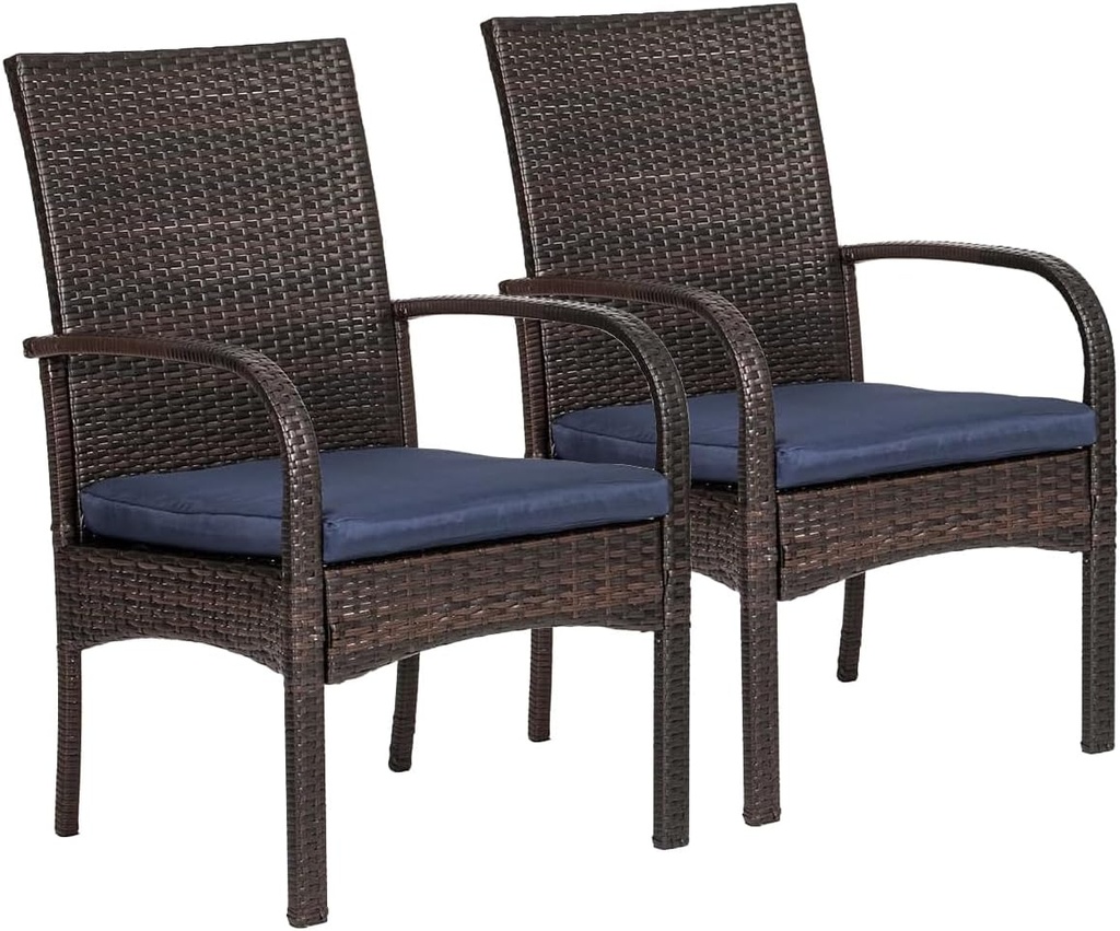 2 Pcs Wicker Patio Dining Padded Cushions, Outdoor Rattan Chairs with Armrest Support 350 lb, Brown