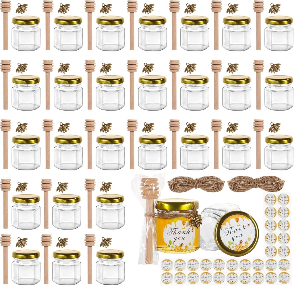 BIGIVACA 1.5 oz Mini Honey Jars - 30 Pack Hexagon Glass Jars with Wood Dippers, Gold Lids, Bee Pendants, Jutes, Stickers for Wedding Favors, Party Favors, Candle Making