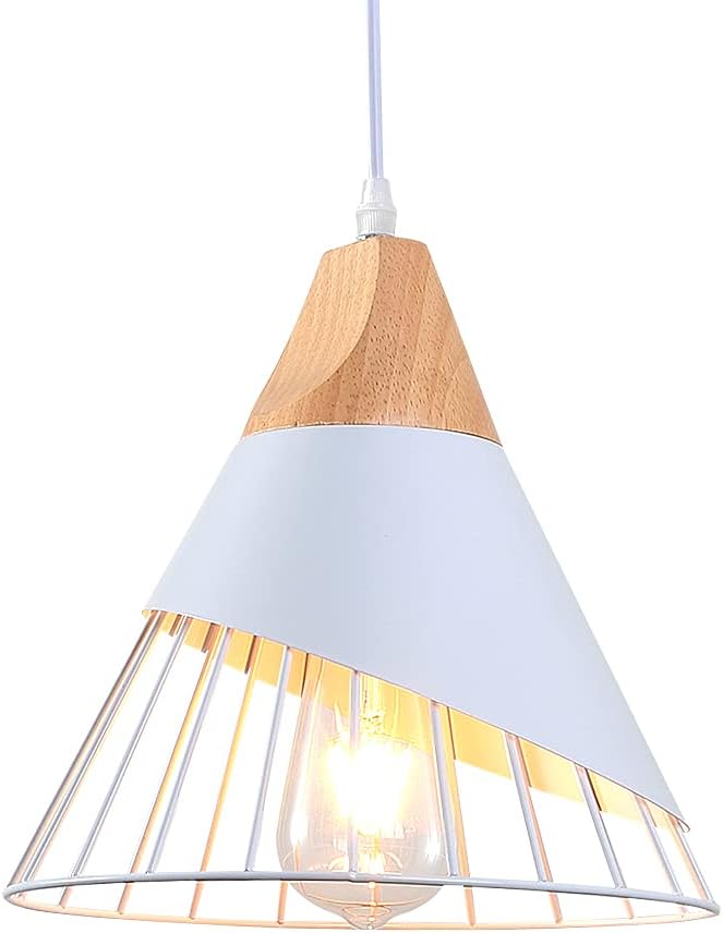 White Pendant Lights Kitchen Island,White Pendant Lights Farmhouse,Adjustable Wood Hanging Light Fixture,Industrial Pendant Lighting for Dining Room,Living Room,Bedroom,Hallway,Kitchen,Bar