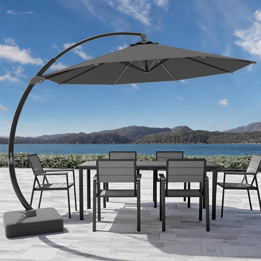 7-Piece Patio Dining Set with 11 FT Curvy Cantilever Umbrella, HDPE Tabletop & Aluminum Frame All-Weather Outdoor Furniture for Garden, Backyard, Poolside, Gray