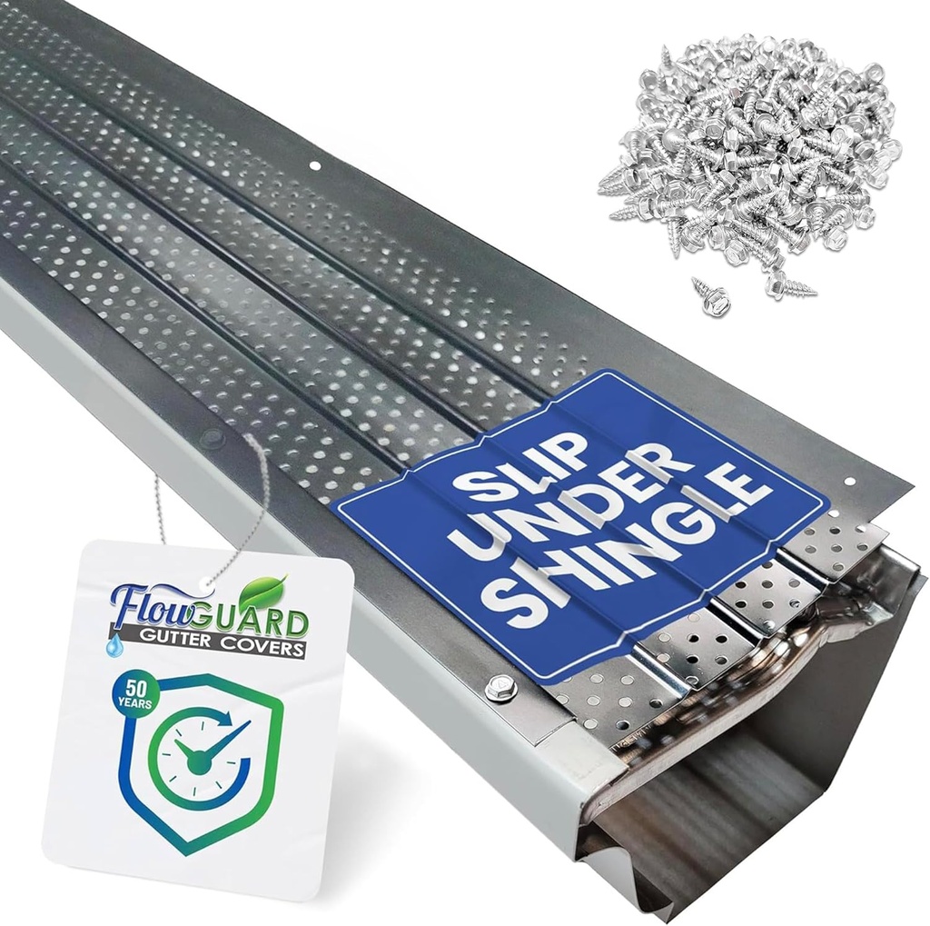 FlowGuard USA Made Slip Under Shingle Professional DIY Universal 5 Inch & 6 Inch 50-Year Gutter Cover System - Matte - Aluminum Gutter Guards - 22 Feet - by FlexxPoint