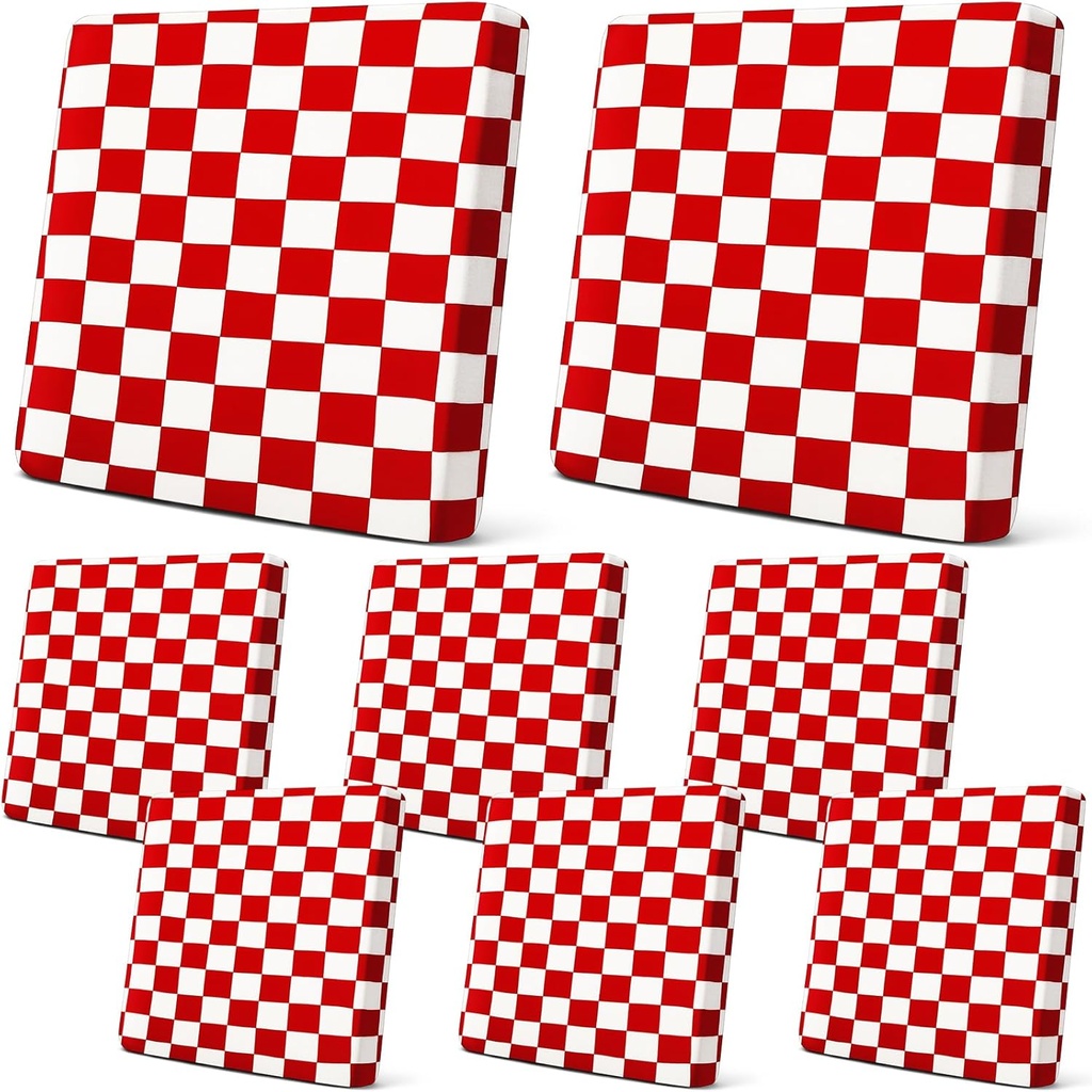 Newwiee Set of 8 Outdoor Stretch Cushion Cover Plaid Patio Chair Cushion Covers Replacement Furniture Couch Sofa Slipcovers Seat Soft Flexibility Protector Washable(Red and White)