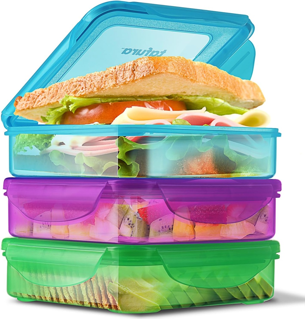 Tafura 3 Pack Sandwich Containers - Reusable Lunch Containers for Fruits, Snacks, Sandwiches & Salad - BPA Free & Dishwasher Safe Containers with Airtight Lids for Lunch, Meal Prep & Leftovers