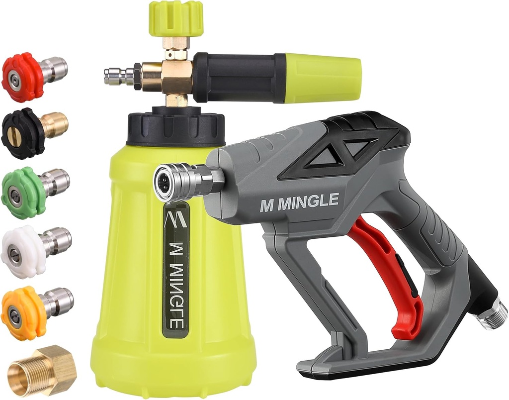 M MINGLE High Pressure Washer Gun Snow Foam Lance, 4000 PSI Cannon Foam Blaster Power Washer with 1/4" Quick Connector, Car Wash Foam Cannon Kit with 5 Pressure Washer Nozzle Tips, 1 Liter