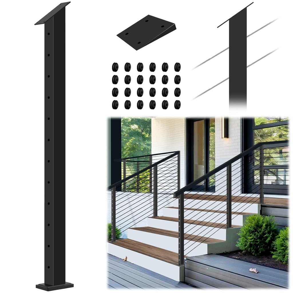 Stair Cable Railing Post 42"x2"x2", Slant Fixed Top Stainless Steel Black Stair Rail Post with Cable Grommets, 33° Drilled Stair Deck Post with 5-Degree Spacers Fit for 28-38 Degrees Stairway