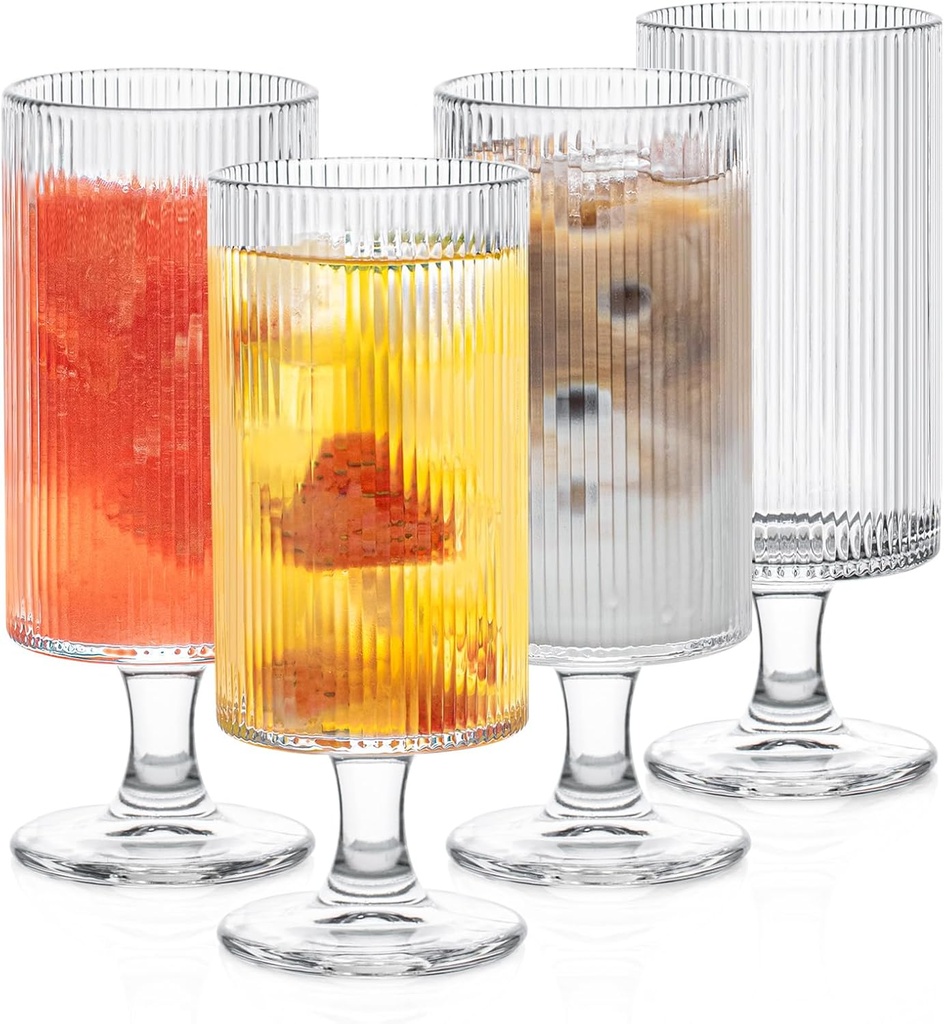 INSETLAN Set of 4 Ribbed Glass Goblets – 12oz Vertical Stripe Stemmed Glassware for Cocktails, Wine, and Beverages – Elegant Durable Glass Cups for Parties, Weddings, and Everyday Use