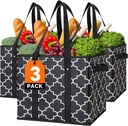 WISELIFE Reusable Grocery Bags 3-Pack Foldable Washable Large Storage Bins Basket Water Resistant Shopping Tote Bag Black