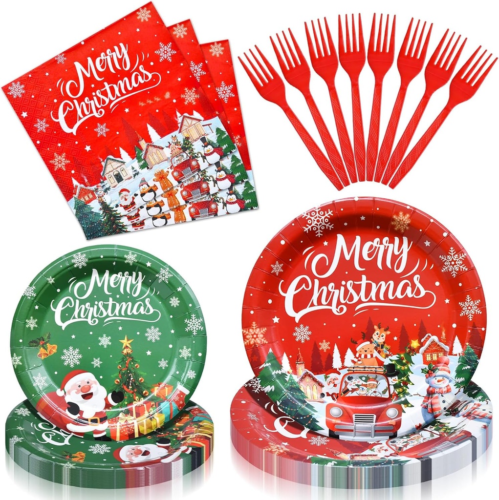 100 Pcs Christmas Tableware Party Supplies – Disposable Merry Christmas Dinnerware Set with Paper Plates, Napkins, and Utensils for Holiday Party, Winter Celebration – Serves 25