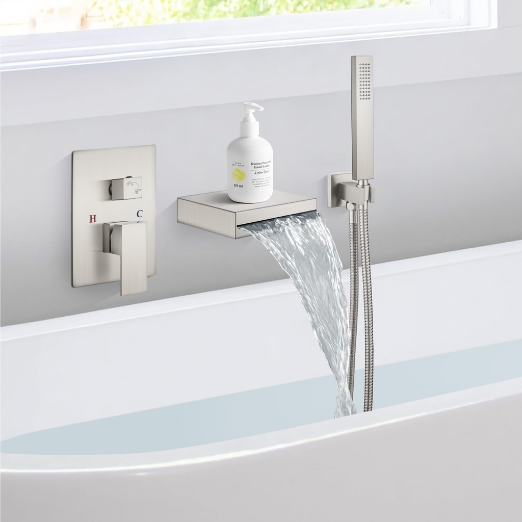 Wall Mount Waterfall Tub Faucet with Handheld Sprayer Single Handle Bathtub Faucet Set with Rough-in Valve Shower Diverter Kit for Bathroom,Brushed Nickel