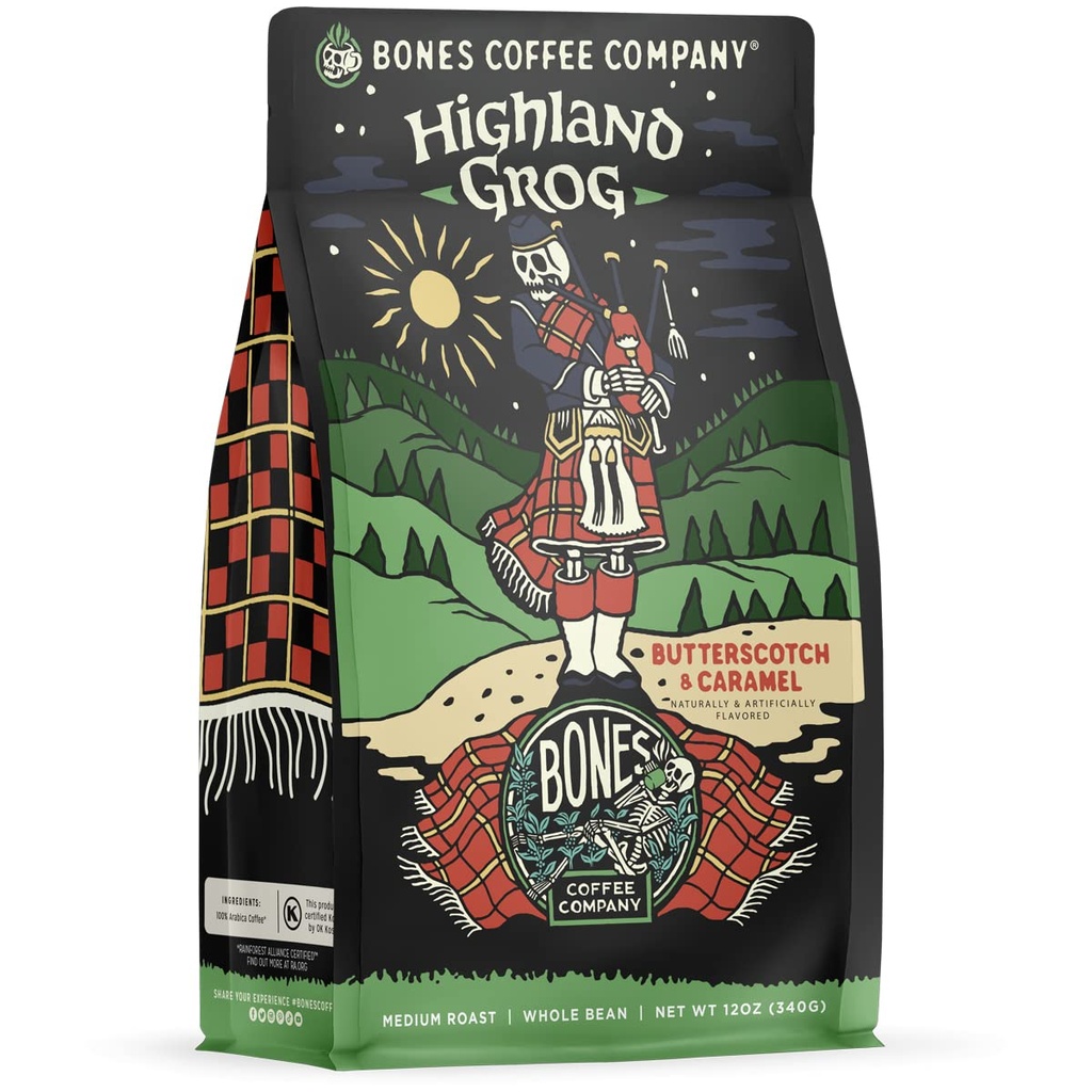 Bones Coffee Company Highland Grog, Butterscotch Caramel Flavored Coffee, Medium Roast Low Acid Arabica Beans Compatible with Auto drip and French Press Coffee Maker, 12 Oz Whole Bean