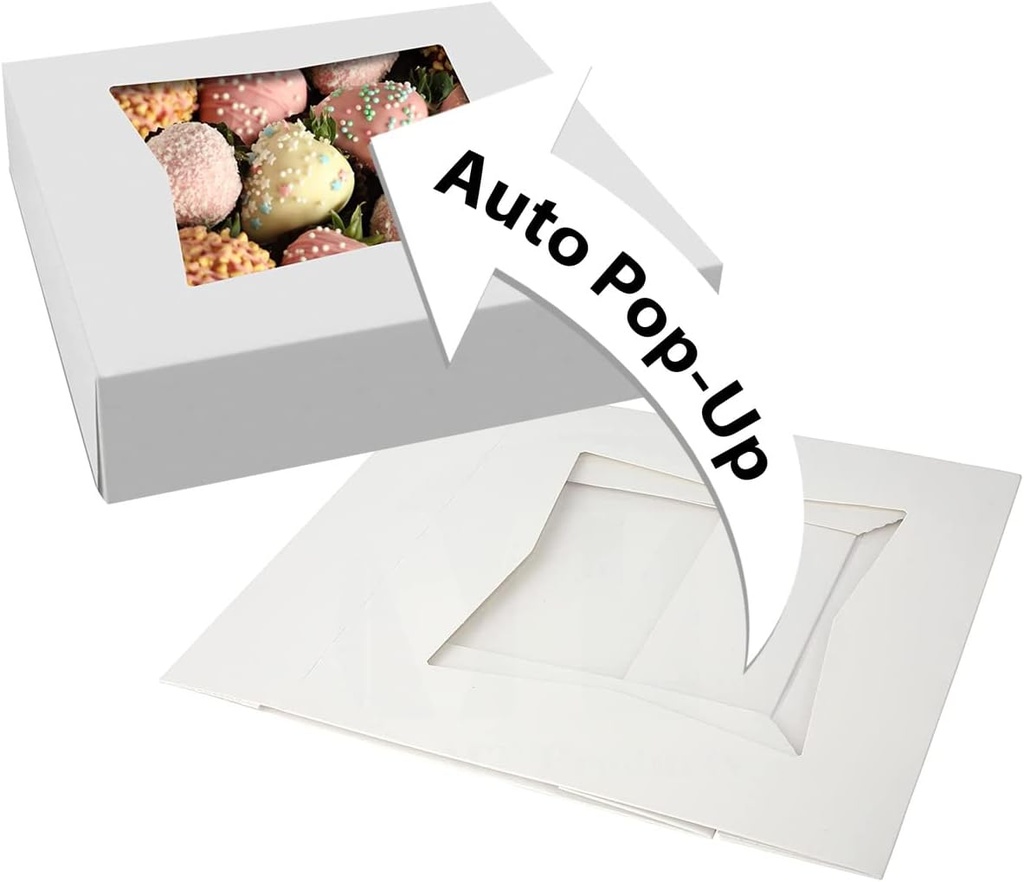 MT Products Chocolate Covered Strawberry Boxes 9" x 9" x 2.5" - Auto Pop-Up Bakery Boxes with Window (Pack of 25) - Made in the USA
