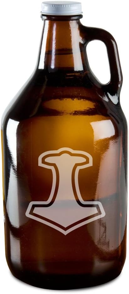Norse Thors Hammer Hand-Made Etched Glass Beer Growler 64 oz