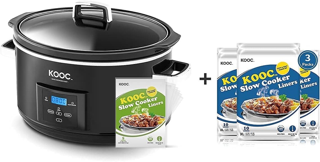[Bundle Group] KOOC Programmable Slow Cooker 8.5-Quart (with 5 Bonus Free Liners) + Additional 3 Pack of 30 Liners for Easy Clean-up, Upgraded Pot, Adjustable Temp, Nutrient Loss Reduction