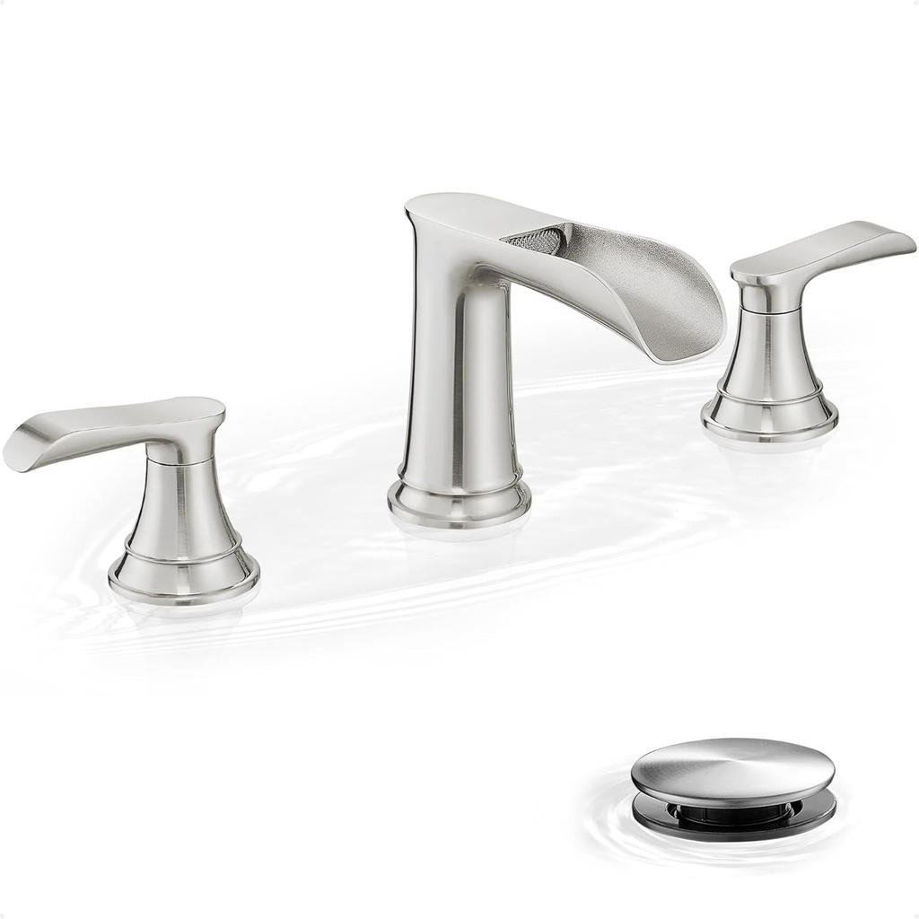 Widespread Bathroom Faucet Brushed Nickel, Brass Waterfall Bathroom Sink Faucet, 2 Handles Bathroom Faucets for Sink 3 Hole, 8 Inch Vanity Faucet for Lavatory RV Guest Room with Pop-Up Drain