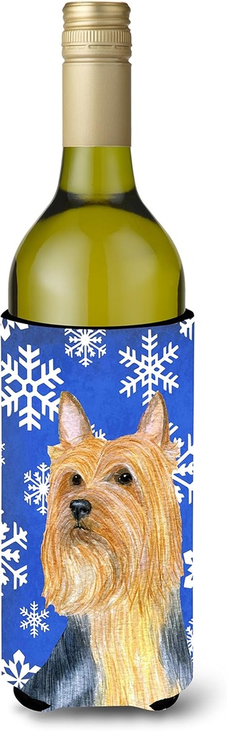 Caroline's Treasures LH9271LITERK Silky Terrier Winter Snowflakes Holiday Wine Bottle Hugger Bottle Cooler Sleeve Hugger Machine Washable Collapsible Insulator Beverage Insulated Holder