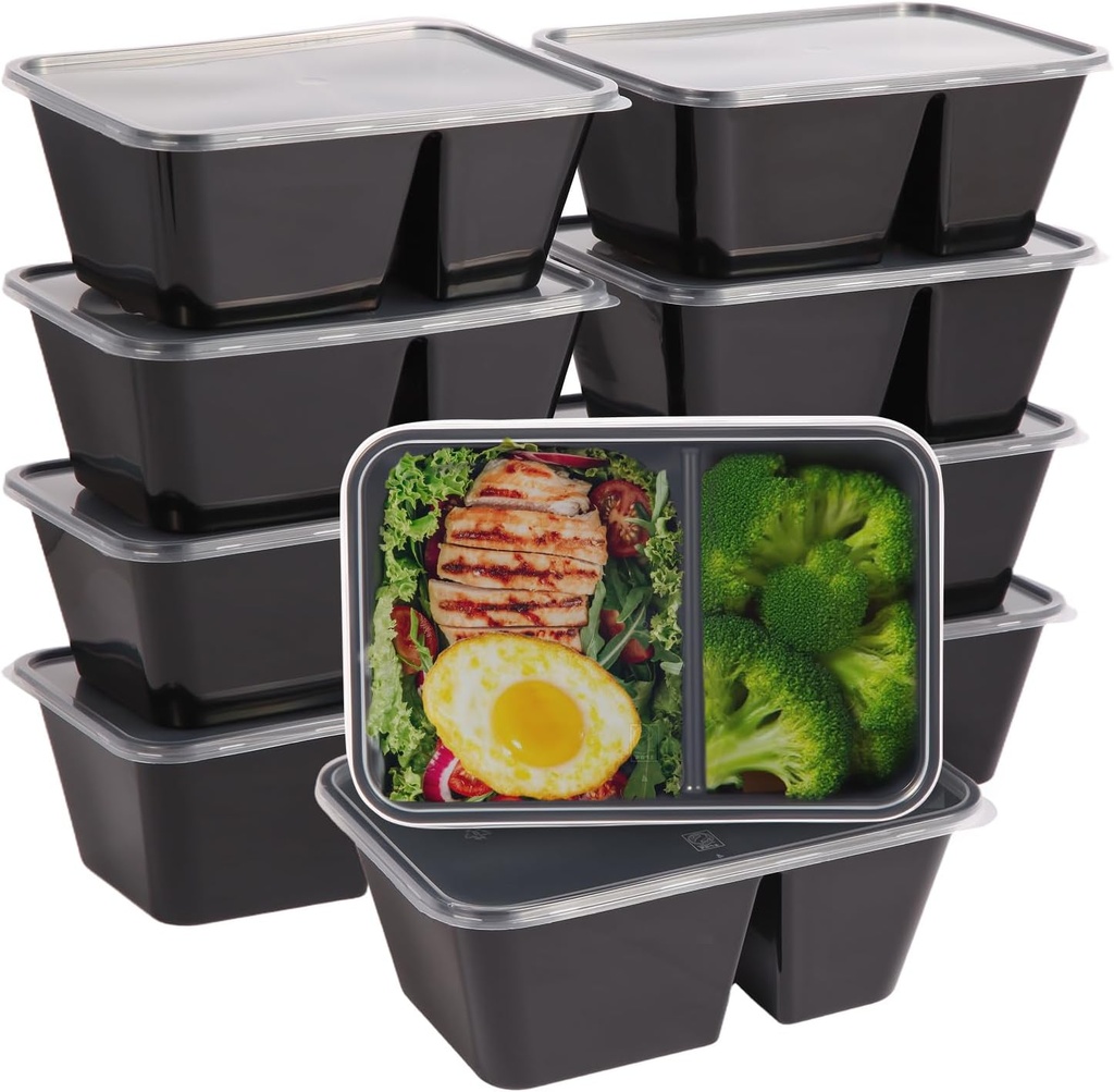10 Pack 28 oz Meal Prep Containers Reusable with Lids, 2 Compartment Food Storage Containers To Go for Lunch Microwavable, Disposable Plastic Box to Take out, Freezer and Dishwasher Safe
