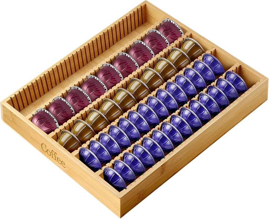 Bamboo Coffee Pod Storage Holder Drawer Insert K Cup Holder Pod Organizer Compatible with Nespresso Vertuo Vertuoline Capsules for Kitchen, Home, Office, Coffee Station Counter