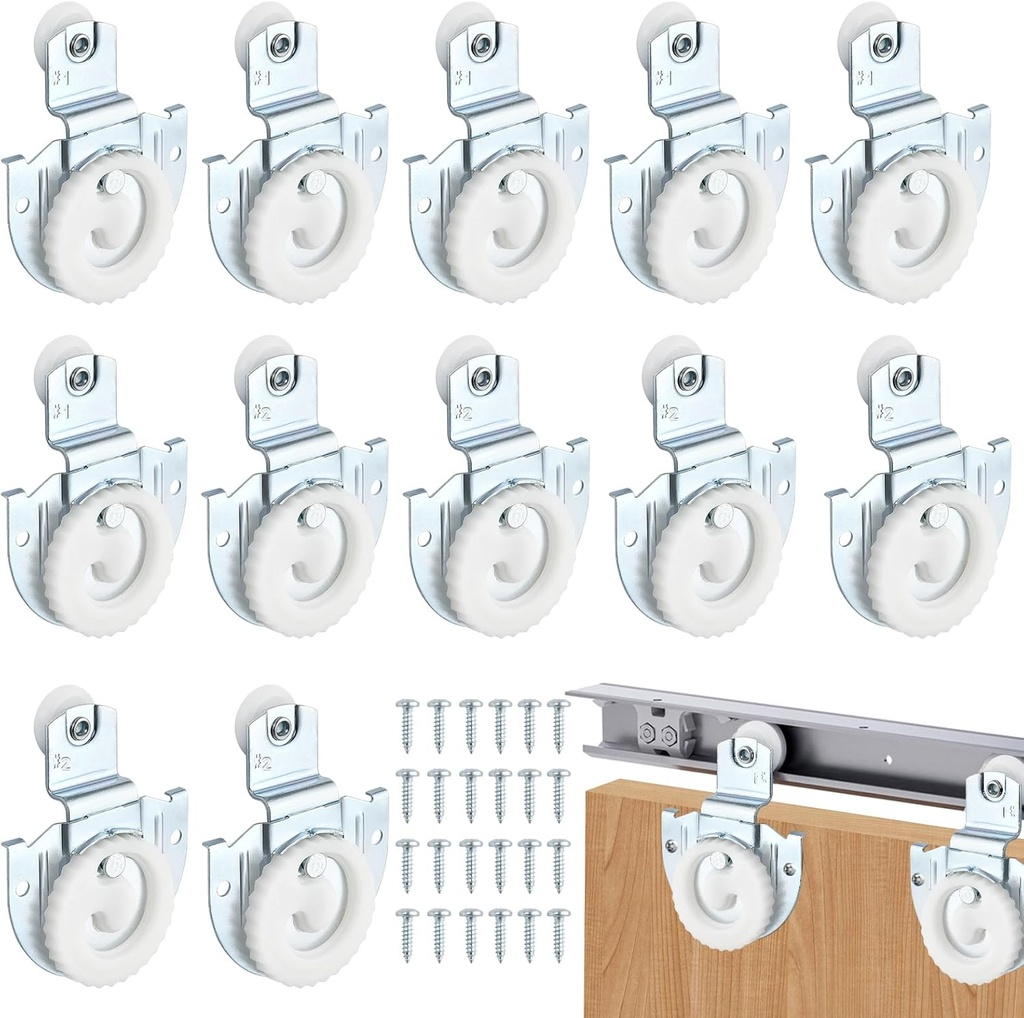 12 Pack 6 Set Sliding Closet Door Roller Kit, #1#2 Bypass Sliding Hardware, Sliding Door Rollers Replacement Adjustable Door Hooks to Allow Wardrobe Cabinet Smoothly Quietly Slide