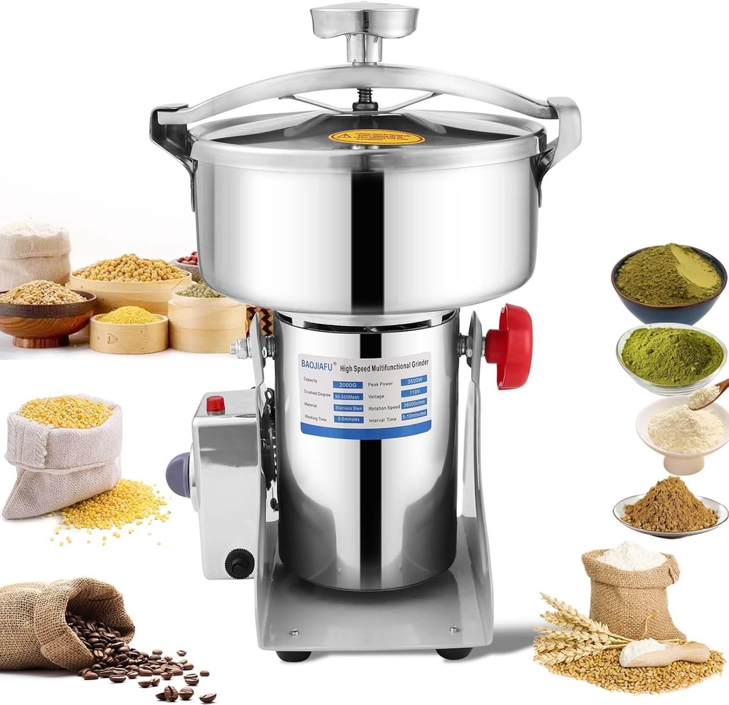 Electric Grain Mill 3500W Superfine Powder Grinder Dry Grinder Machine 36000r/min High-speed Grain Mill 270° swingable Dry Material Grinding Machine Stainless Steel Pulverizer 2000g