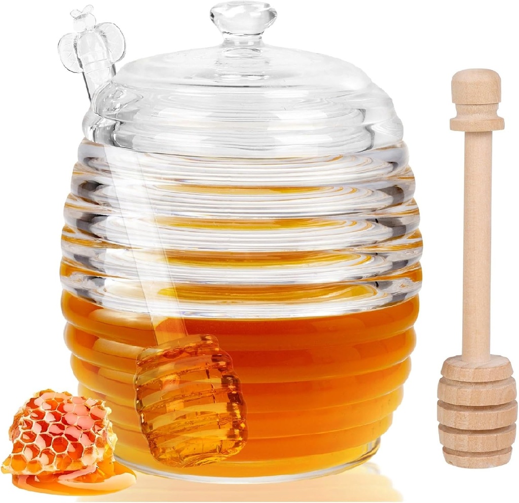 Loscarol Honey Jar with Dipper and Lid, 8 oz Glass Honey Pot Dispenser with 2 Dippers Sticks Set, Honey Containers for Kitchen, Home, Syrup Storage