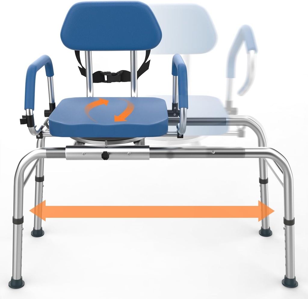 ZEYXINH Slide Shower Chair with Padded Backrest - Swivel Transfer Bench for Bathtub | Adjustable Height, Pivoting Arms | 350lb Capacity for Elderly & Disabled, Blue