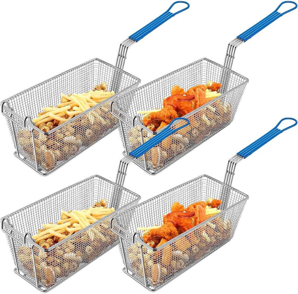 Umigy 4 Pcs Deep Fryer Basket 13 1/4" x 6 1/2" x 6" with Non-slip Handle Heavy Duty Plated Iron Construction Front Hooks Non-slip Handle for Restaurant Kitchen Chip Fish Commercial Fryer Basket