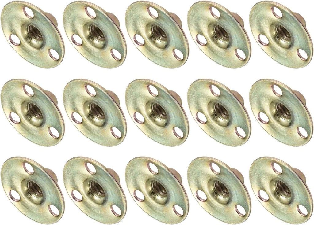 METALLIXITY 3-Hole T-Nuts (1/4"x25x1.2mm) 15Pcs, Carbon Steel Round Base Screw-in T-Nuts Flange Nut - for Furniture Installation, Bronze Tone