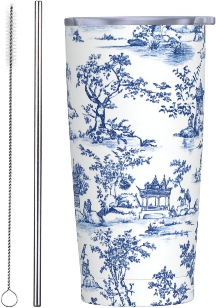 Chinoiserie Blue and White 20oz Tumbler with Lid and Straw Insulated Coffee Mug Stainless Steel Travel Cup for Women Men