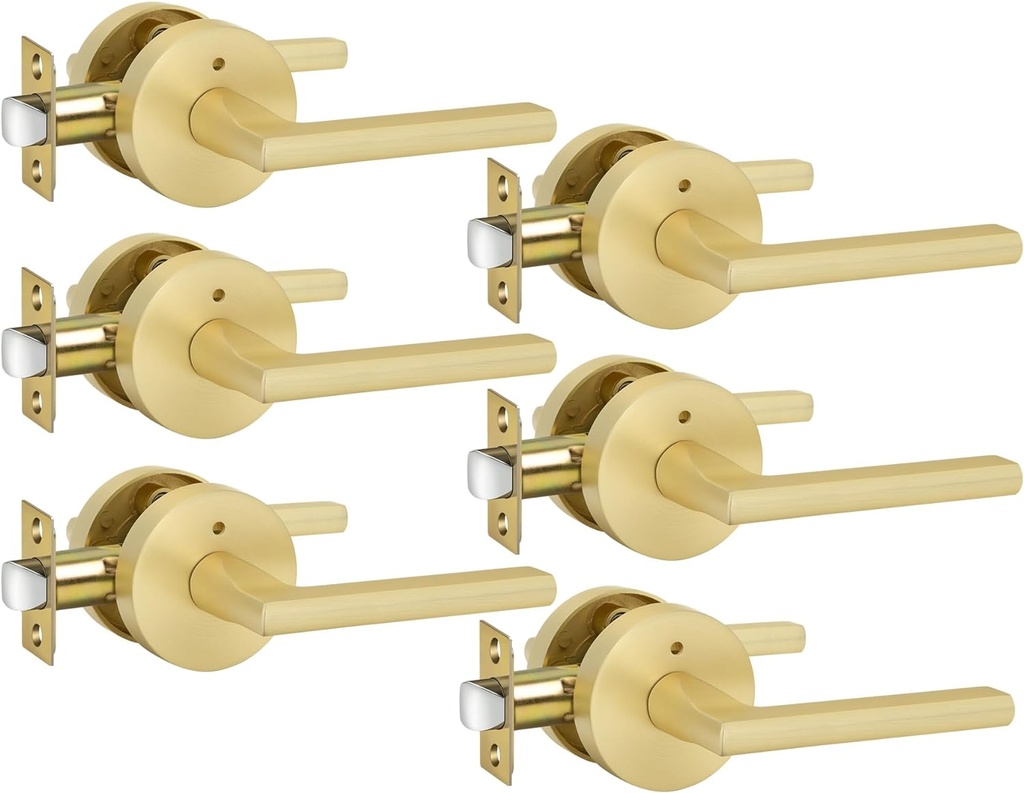 goldenwarm Gold Door Handles, Privacy Bruhsed Gold Door Handle, Heavy Duty Zinc Alloy Interior Door Levers, Brushed Brass Door Lever Indoor for Bedroom, Bathroom, (6 Pack)