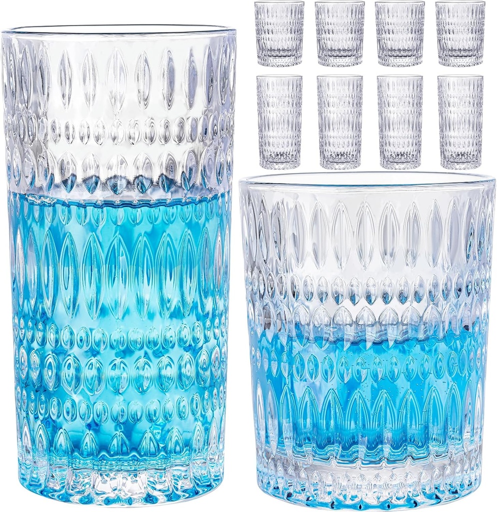 Drinking Glasses, 8 Piece Crystal Glass Cups, Mixed Glassware Set, 4 pcs 13oz Highballs and 4 pcs 11oz Old Fashioned Whiskey Glasses, Great for Cocktail, Whisky and other Beverages
