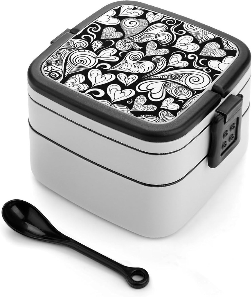 Heart Shapes And Swirls Bento Box - Double Layer, Leakproof Food Containers with Partition & Spoon, Stackable Lunch Box for Office, Travel, Camping