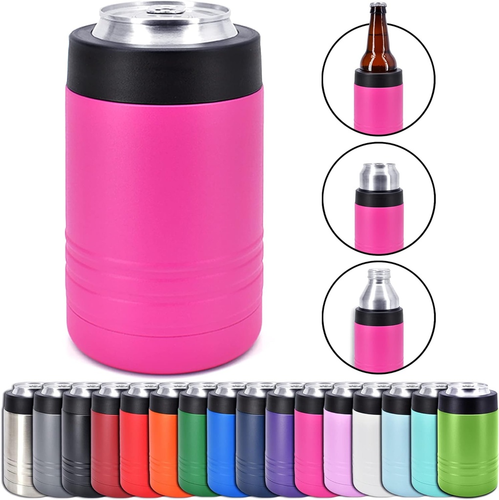 4-in-1 Stainless Steel 12 oz Double Wall Vacuum Insulated Can or Bottle Cooler Keeps Beverage Cold for Hours - Also Fits 16 oz Cans - Powder Coated Pink - Clear Water Home Goods