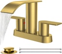 FORIOUS Brushed Gold Bathroom Sink Faucet, Waterfall 4 Inch Centerset Bathroom Faucets with Metal Pop up Drain and cUPC Hose for Basin, Vanity, RV, Lavatory 2 or 3 Hole Sink