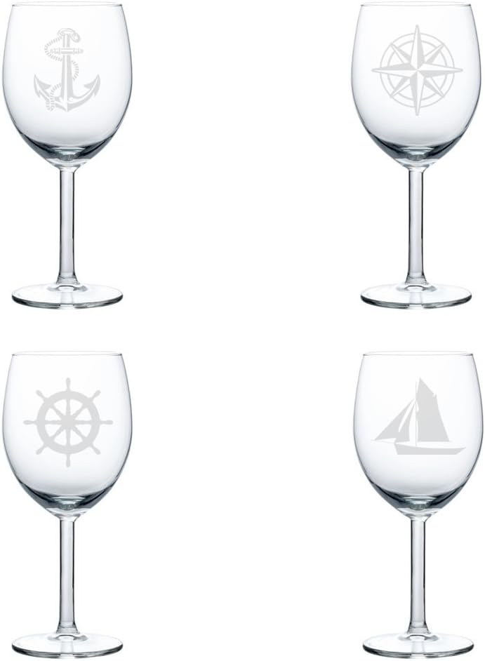 MIP Set of 4 Wine Glass Goblet Anchor Boat Compass Nautical Collection (10 oz)