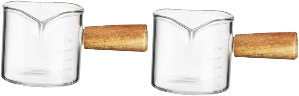 Mikinona 2pcs Transparent Glass Coffee Pitcher Wooden Handle -scald Jug for Sauces and Dressings for Espresso Tea and Serving
