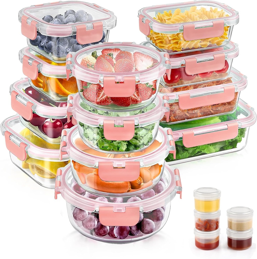34pcs Glass Food Storage Containers with Lids Set, Airtight Glass Meal Prep Containers (17 Containers & 17 Lids), Leak Proof Lunch Container BPA-Free, Microwave, Oven, Freezer, Dishwasher Safe-PINK