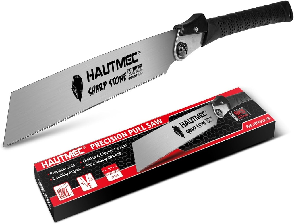HAUTMEC Folding Japanese Pull Saw, 9-Inch Hand Wood Saw with SK5 Blade, 17TPI Sharp Trapezoid Teeth, Dual Cutting Angle, Pro Handsaw for Fine & Fast Cuts – HT0312