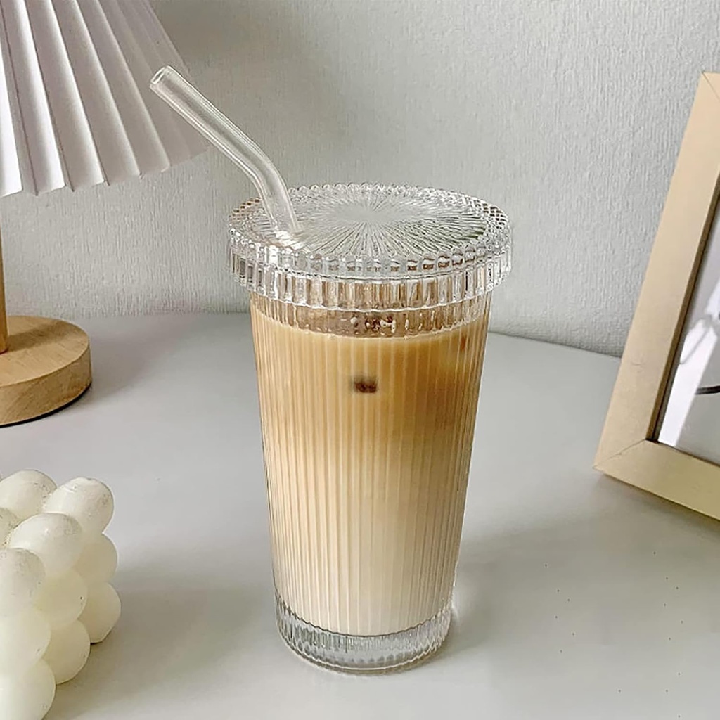 Glass Tumbler Stripe Glass Cup Coffee Cup With Lid and Straw LIDS DON'T SECURE 12.5 oz Drinking Glasses for Water,Iced Coffee,Milk,Tea,Juice (A-Stripe)