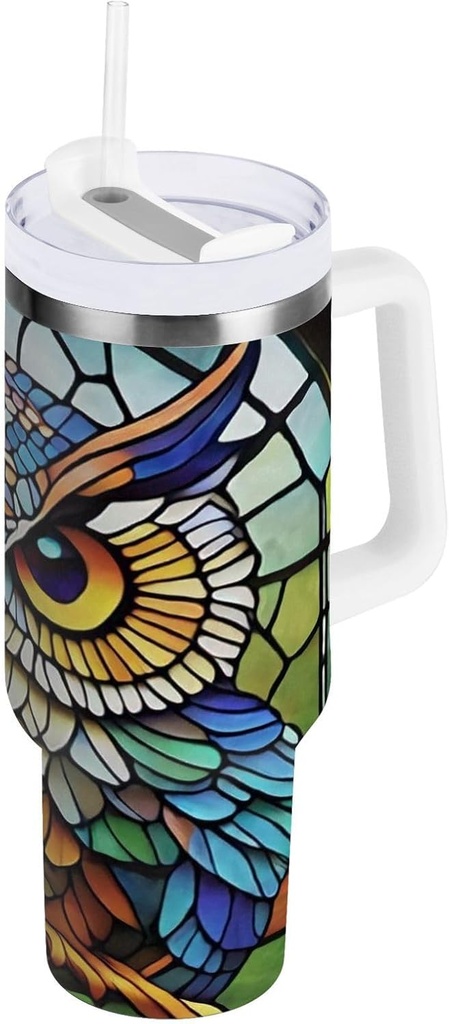 30 oz Tumbler with Handle and Straw, Insulated Stainless Steel Travel Mug with Lid for Coffee, Iced Tea, Water, Gift for Men Women (Stained Glass Owl)