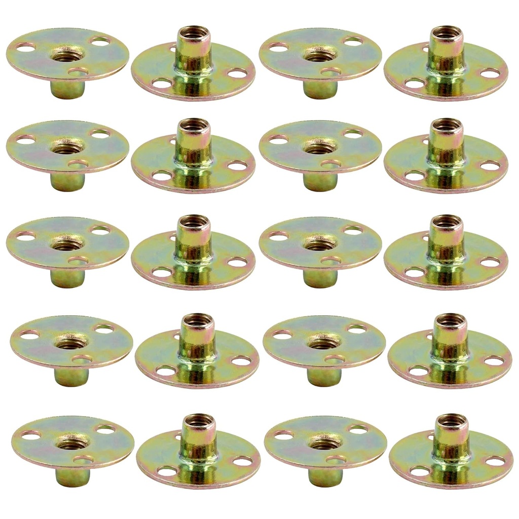 20PCS 1/4"-20Carbon Steel Round Base T-Nut, Brad Hole Tee Nut, Furniture Hardware Flange Insert Female Thread 3-Hole T-Nuts