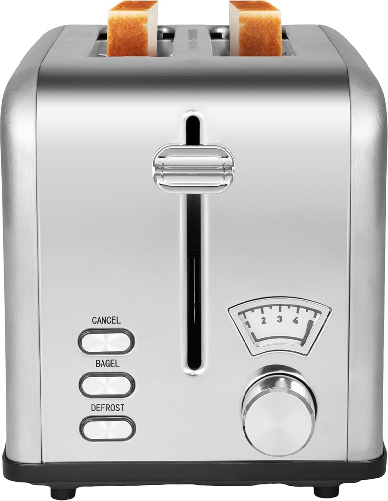 Simple Deluxe 2-Slice Toaster for Bagel, 5 Browning Setting and 3 Function: Bagel, Defrost & Cancel, Retro Stainless-Steel Style, 1.5" Wide Slot, Toast Bread Machine with Removable Crumb Tray, Silver