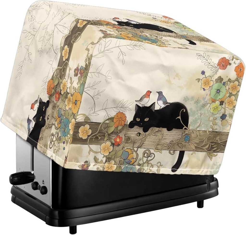 Black Cat 4 Slice Toaster Cover Flower Toaster Cover Wide Slot 4 Slice for Most Standard Toasters Toaster Dust Cover Bread Maker Cover with Handle Lightweight Portable