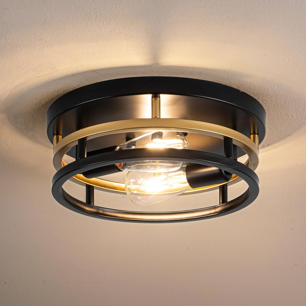 2 Light Industrial Ceiling Light Black Gold Semi Flush Mount Lights Close to Ceiling Light Fixtures,cage design Farmhouse Ceiling Lighting for Kitchen Bedroom Bathroom Foyer Hallway (E26, 1Pack)