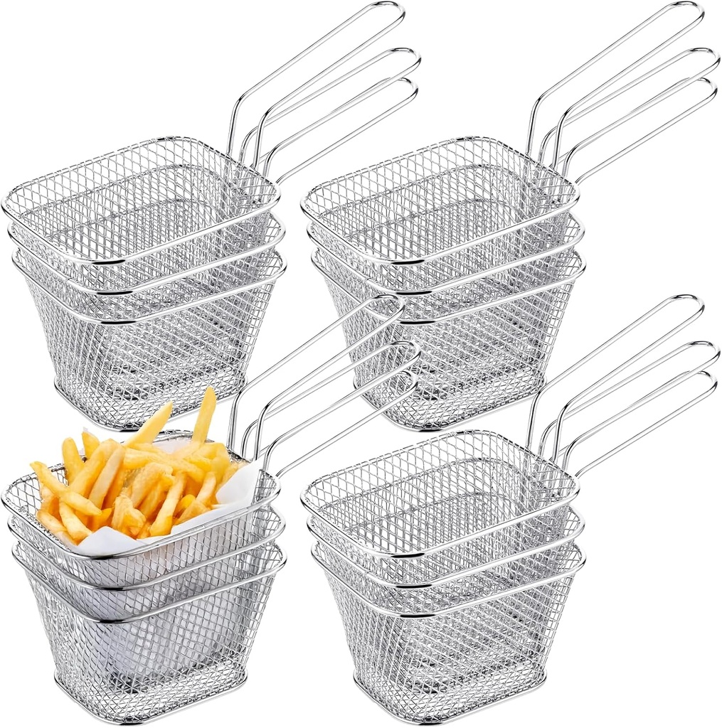 12 Pcs Mini Square Fry Basket Bulk, 4.1x3.3x2.6Inches French Fry Holder, Stainless Steel Food Baskets, Frying Chips Baskets, Table Serving Deep Fryer Holder for Kitchen Restaurant Party Barbecue
