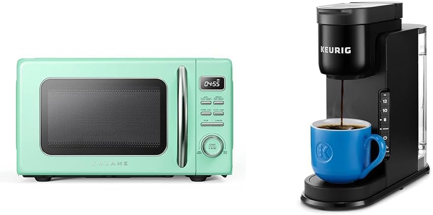 Galanz GLCMKZ07GNR07 Retro Countertop Microwave Oven with Auto Cook & Reheat, Defrost & Keurig K-Express Coffee Maker, Single Serve K-Cup Pod Coffee Brewer, Black, 12.8” L x 5.1” W x 12.6”