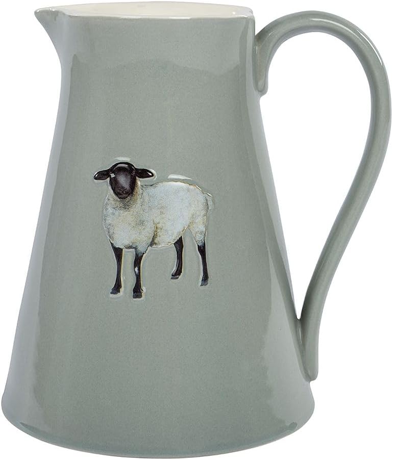 Langs Irish Large Sheep Milk Jug with Handle Creamer Pitcher for Coffee or Tea Grey Embossed Stoneware with Black Face, White